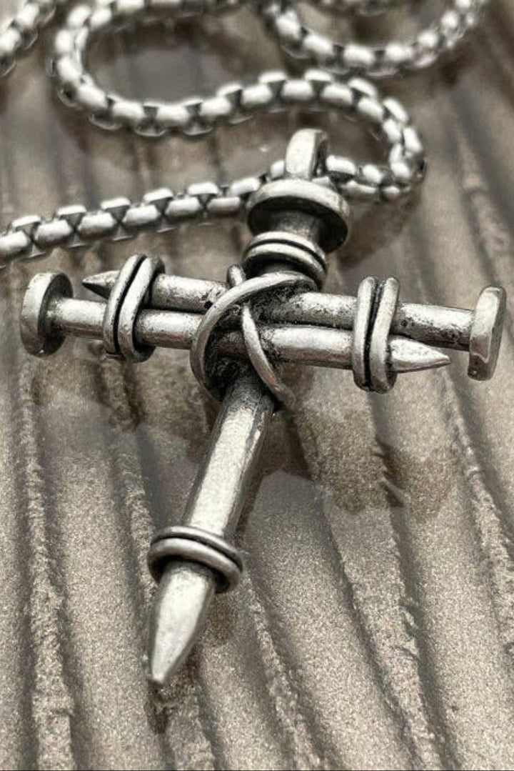 Nail Cross Necklace on Heavy 24" Stainless Steel Box Chain - Pewter