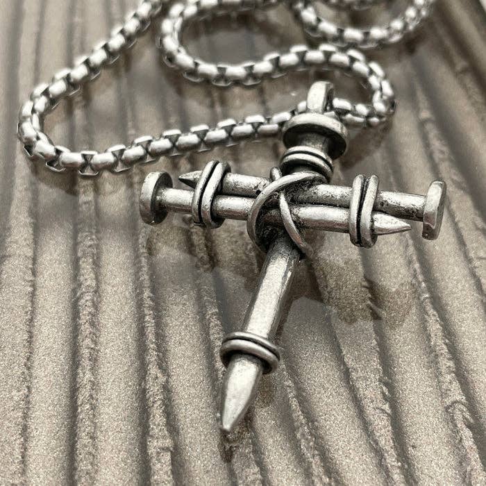 Nail Cross Necklace on Heavy 24" Stainless Steel Box Chain - Pewter   Necklaces Joy & Country