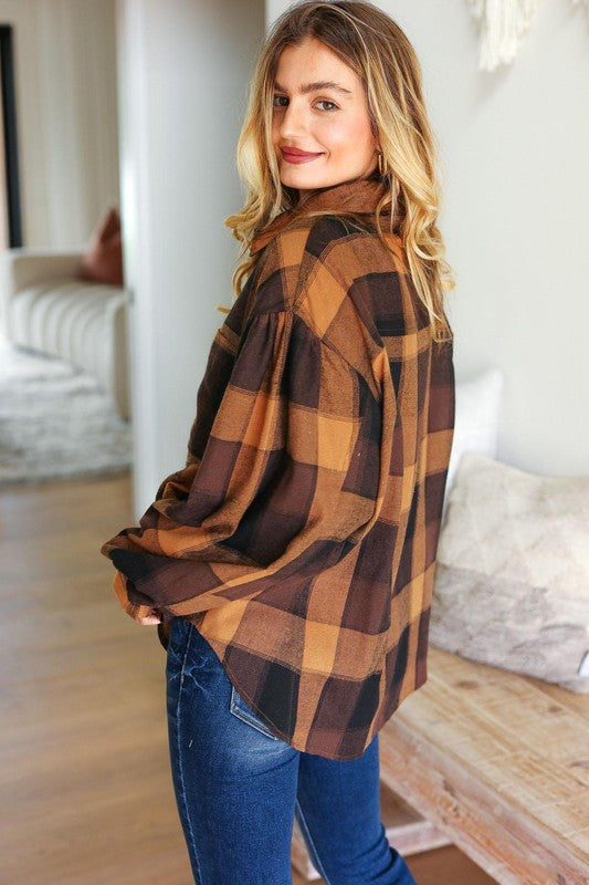 Plaid Button-Down Oversized Top - Camel & Charcoal - Joy & Country