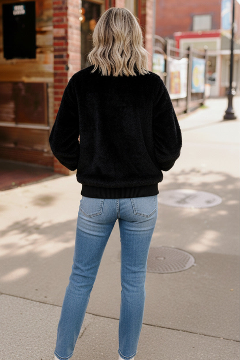 Black Cat Zip Up Faux Fur Coat    Joy & Country