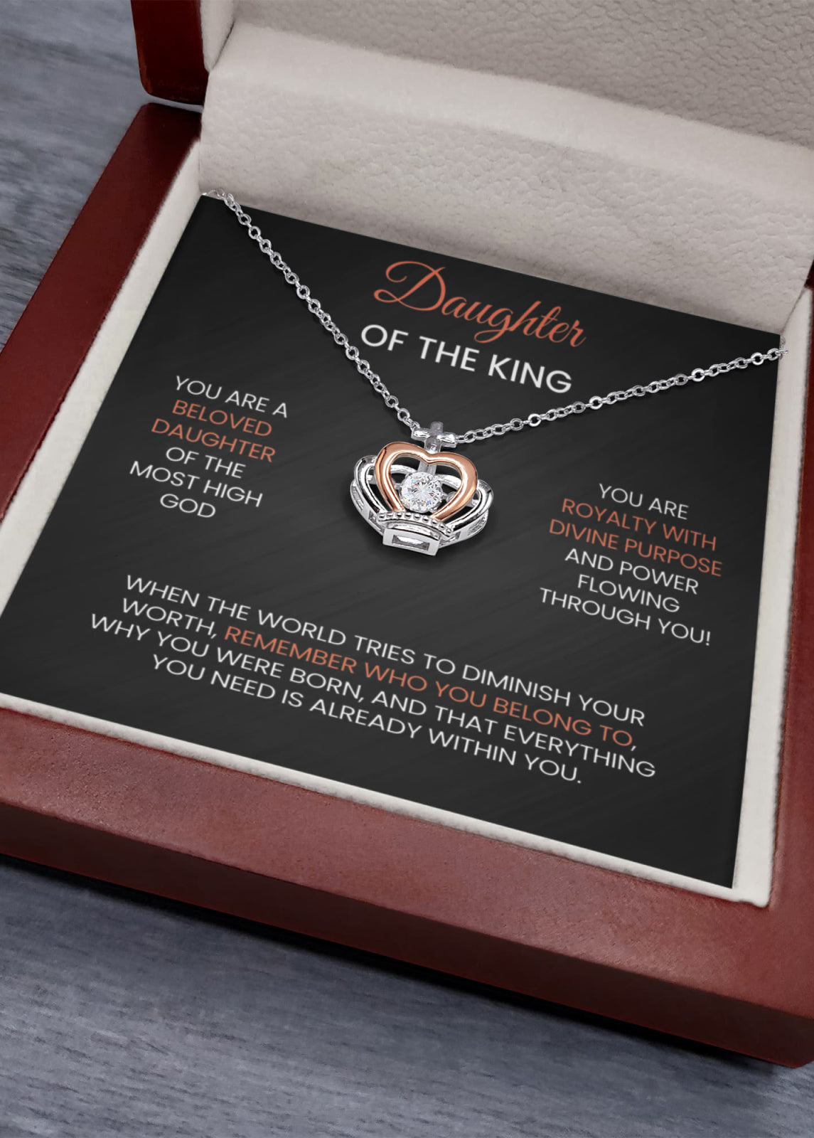 Daughter Of The King - Sterling Silver Rhodium-Plated Crown Necklace With LED Gift Box - Joy & Country