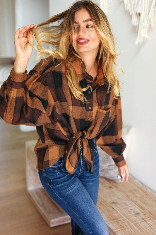 Plaid Button-Down Oversized Top - Camel & Charcoal - Joy & Country