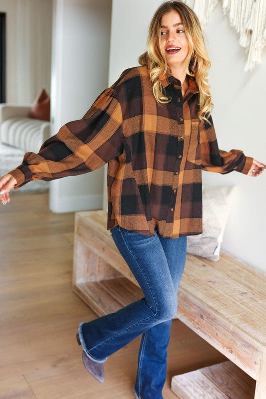 Plaid Button-Down Oversized Top - Camel & Charcoal - Joy & Country