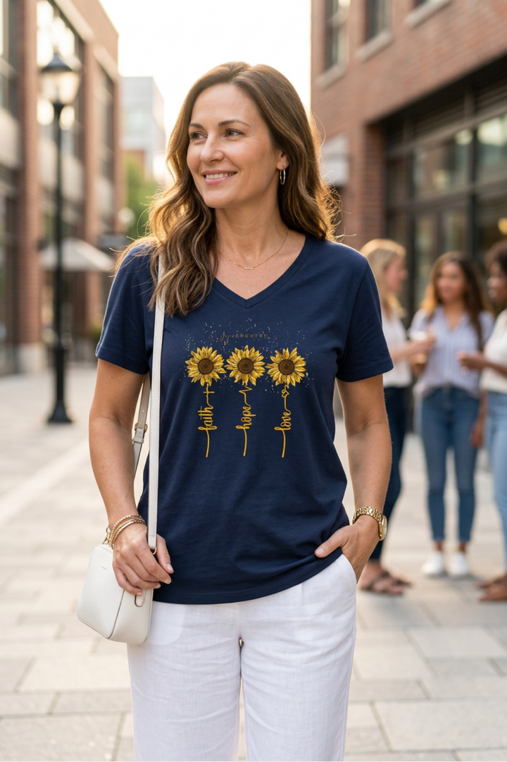 Faith, Hope & Love Sunflowers - Unisex V-Neck Tee   V-neck Joy & Country