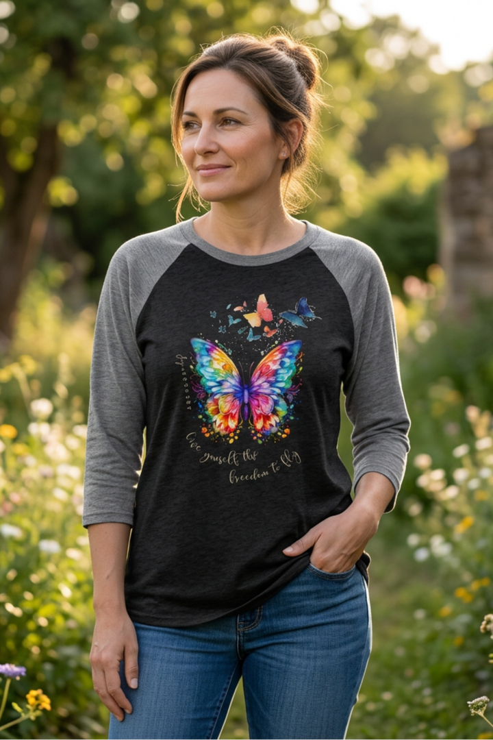 Give Yourself The Freedom To Fly - Butterflies - Unisex Tri-Blend 3/4 Sleeve Raglan Tee   Long-sleeve Joy & Country