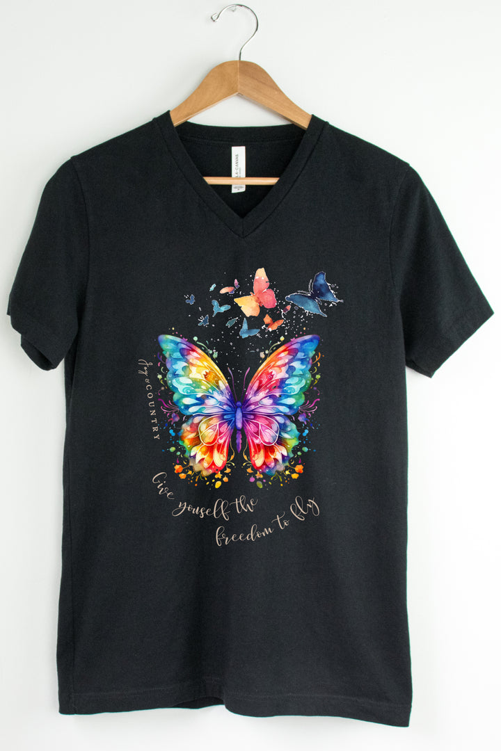 Give Yourself The Freedom To Fly - Butterflies - Unisex V-Neck Tee