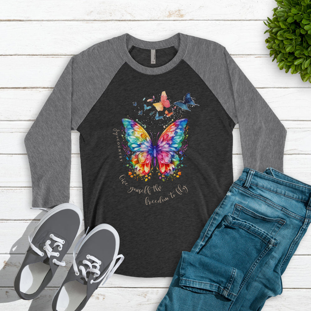 Give Yourself The Freedom To Fly - Butterflies - Unisex Tri-Blend 3/4 Sleeve Raglan Tee   Long-sleeve Joy & Country