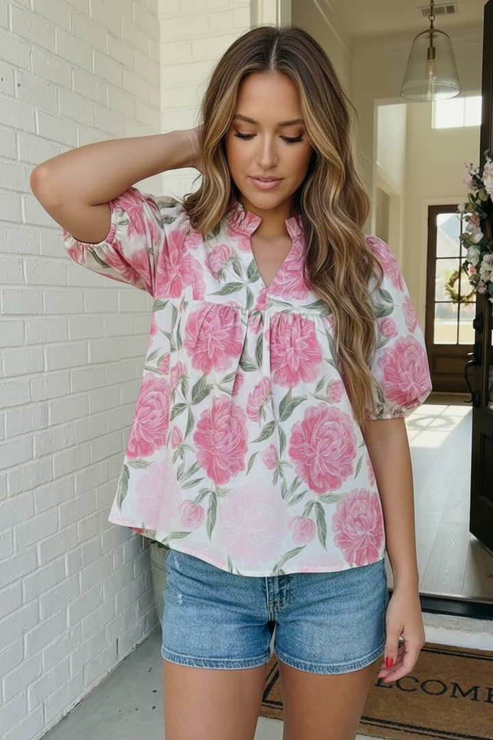 Painted Peony Puff Sleeve Blouse    Joy & Country