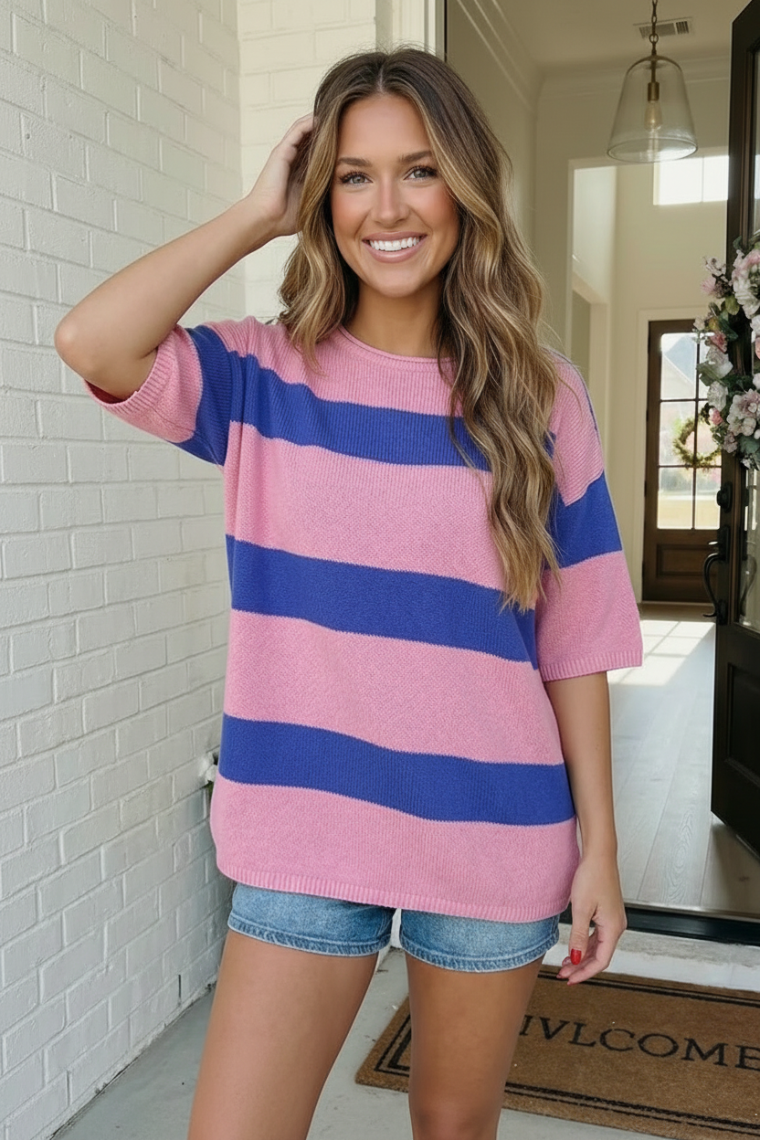 Skip the Line Pink and Blue Oversized Sweater Top    Joy & Country