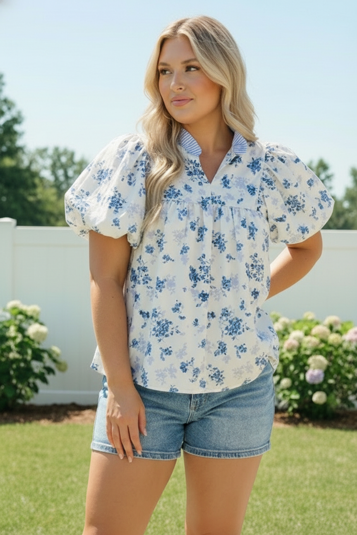 Sweet in Blue Floral Puff Sleeve Babydoll Top    Joy & Country