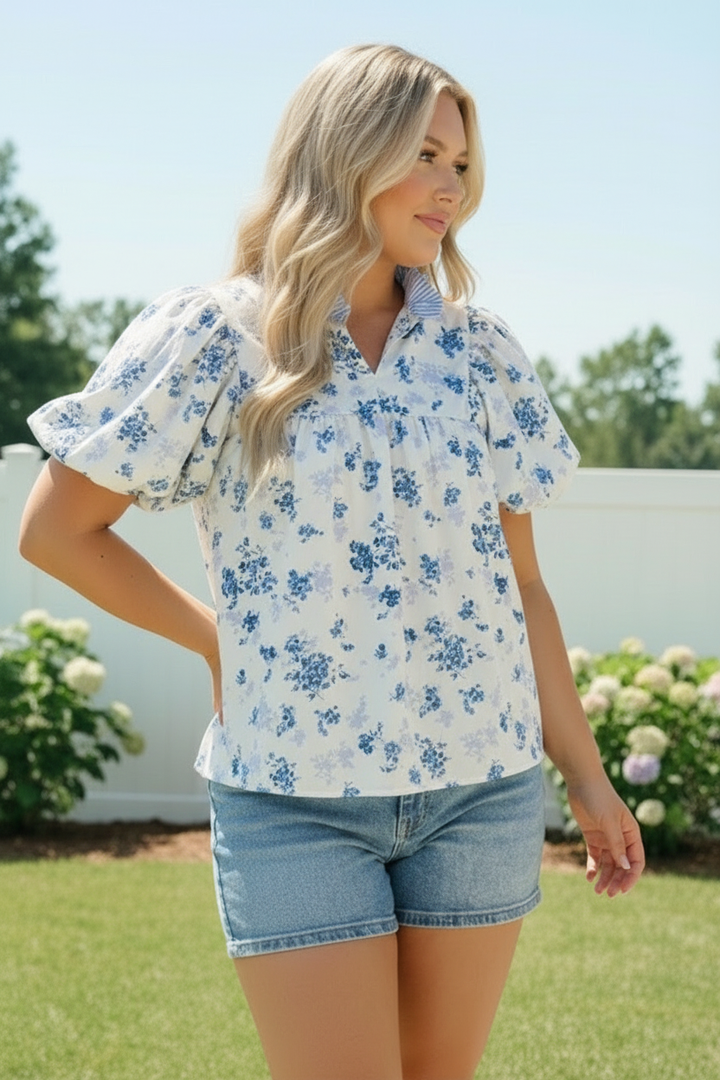 Sweet in Blue Floral Puff Sleeve Babydoll Top    Joy & Country