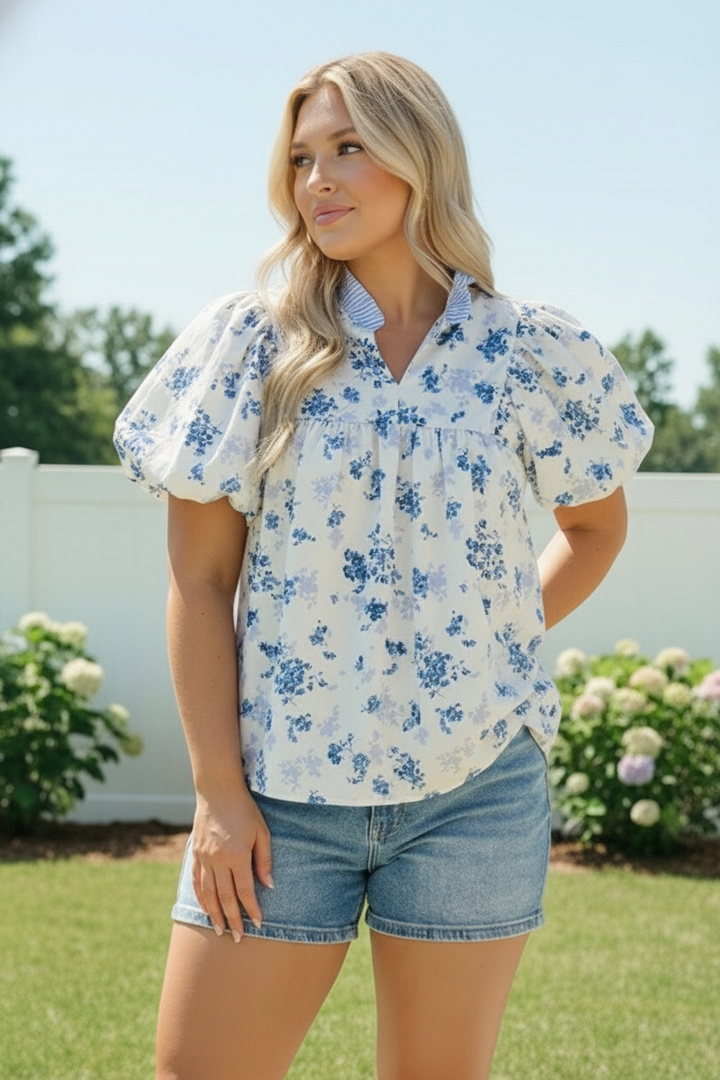 Sweet in Blue Floral Puff Sleeve Babydoll Top    Joy & Country