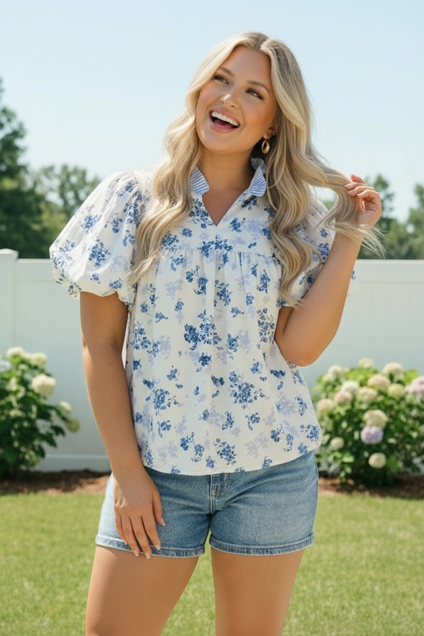 Sweet in Blue Floral Puff Sleeve Babydoll Top    Joy & Country