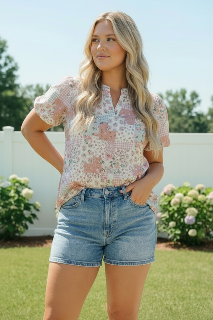 Patchwork Floral Puff Sleeve Top    Joy & Country