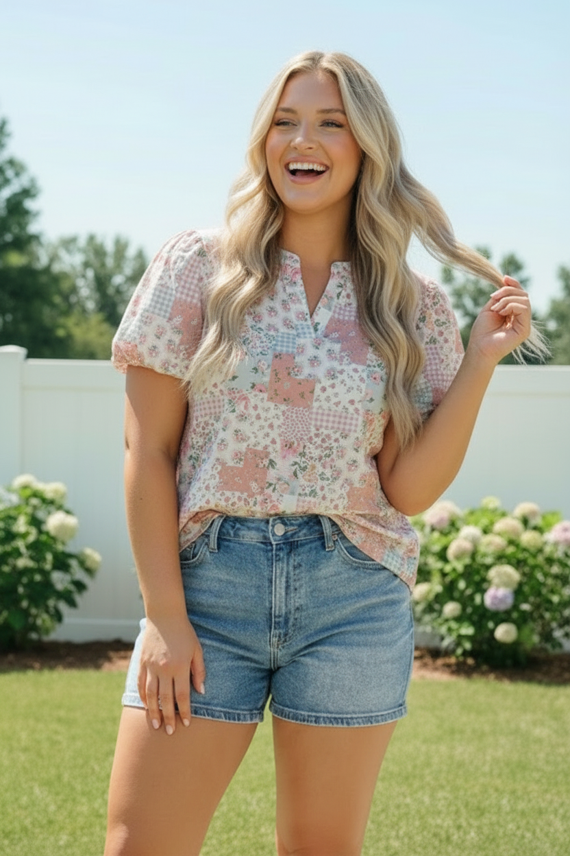 Patchwork Floral Puff Sleeve Top    Joy & Country