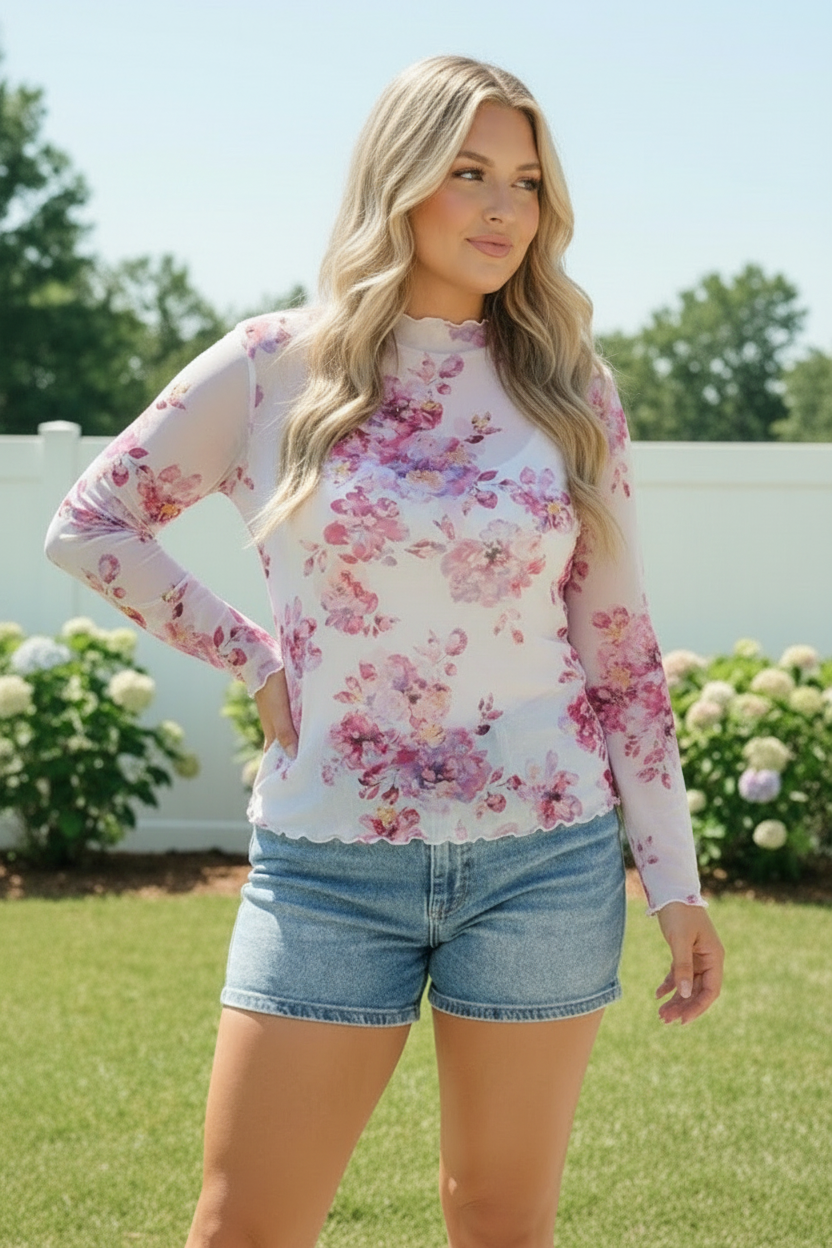 Garden Party Floral Mesh Long Sleeve Top    Joy & Country