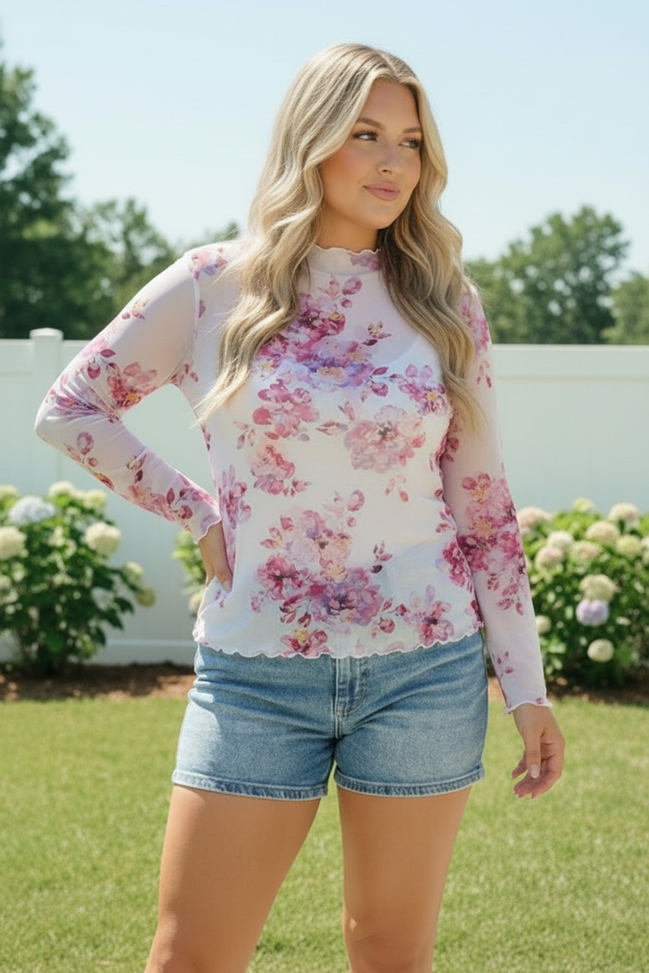 Garden Party Floral Mesh Long Sleeve Top    Joy & Country