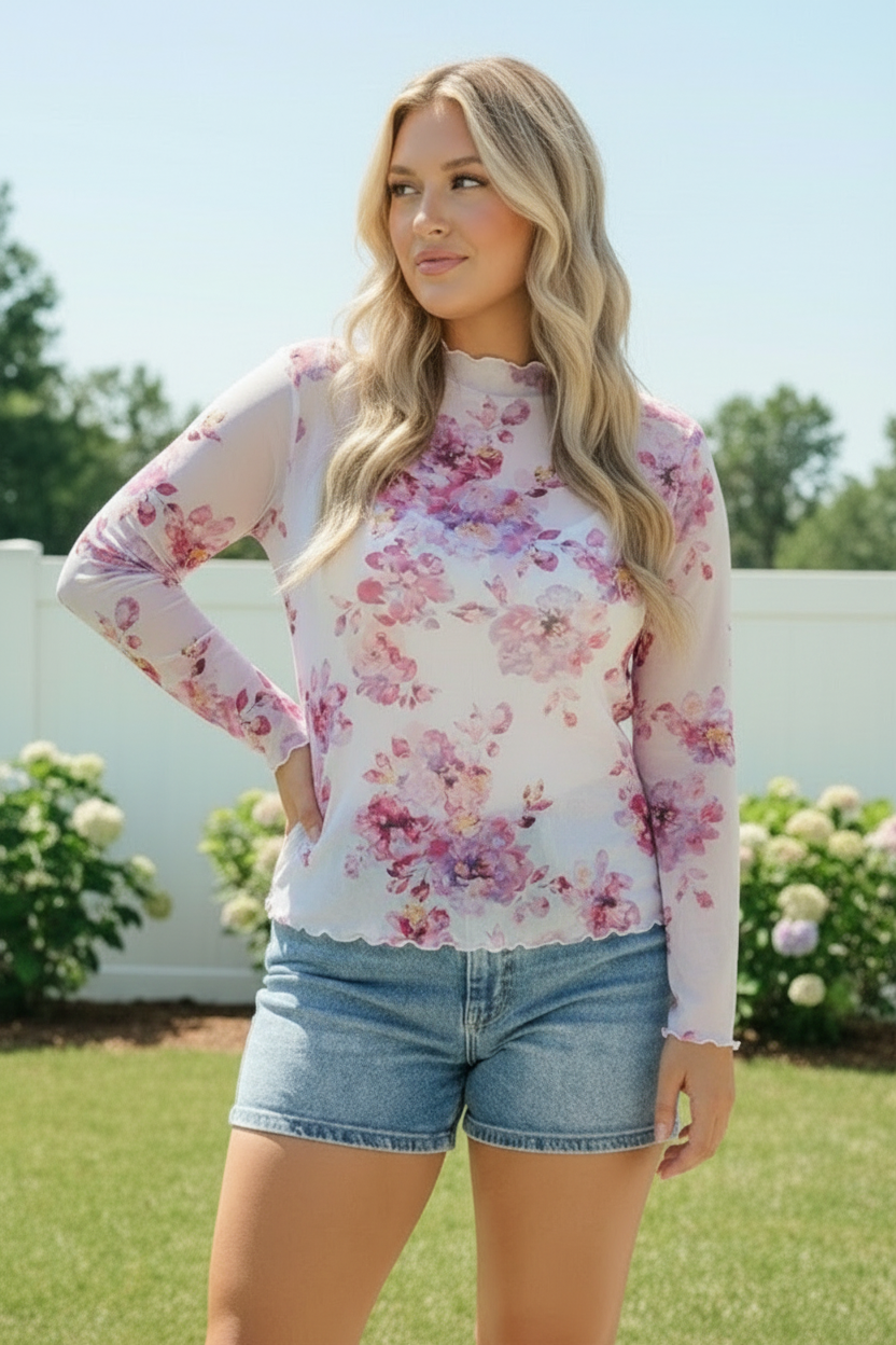 Garden Party Floral Mesh Long Sleeve Top    Joy & Country