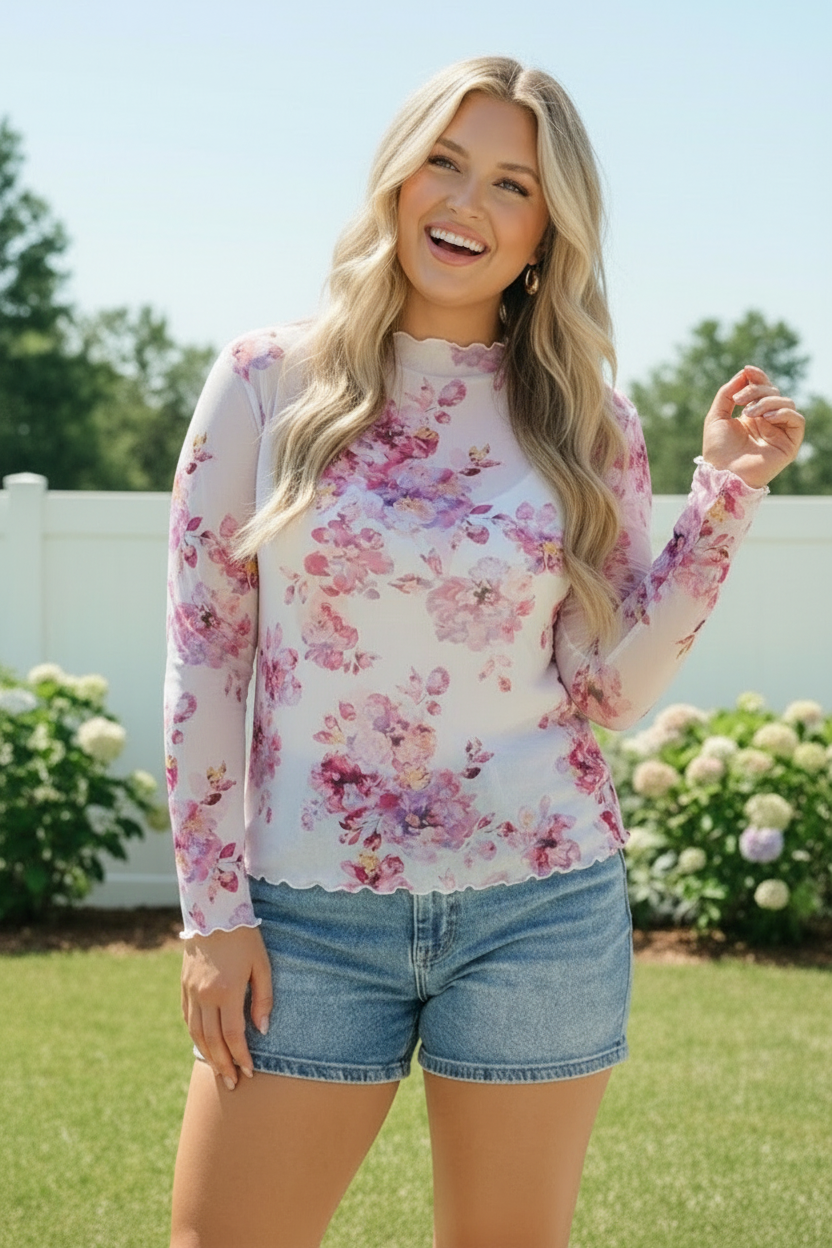 Garden Party Floral Mesh Long Sleeve Top    Joy & Country