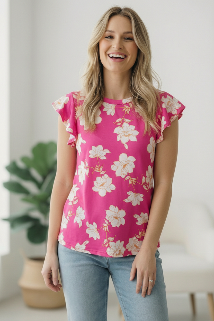 Spring Muse Pink Floral Flutter Top