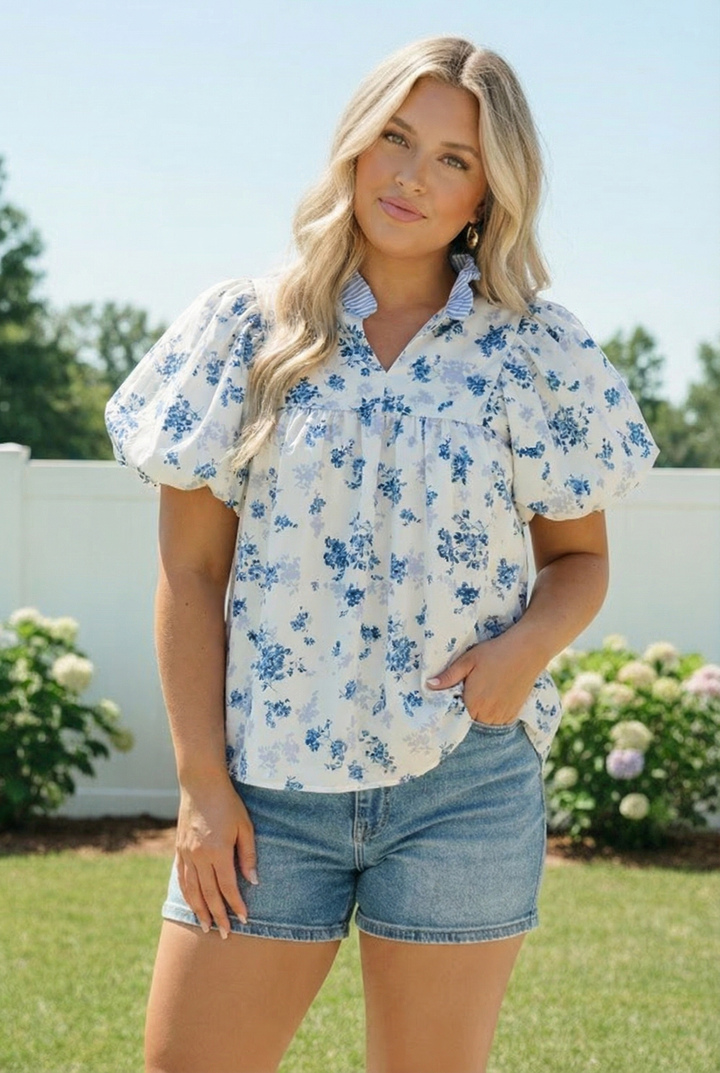 Sweet in Blue Floral Puff Sleeve Babydoll Top    Joy & Country