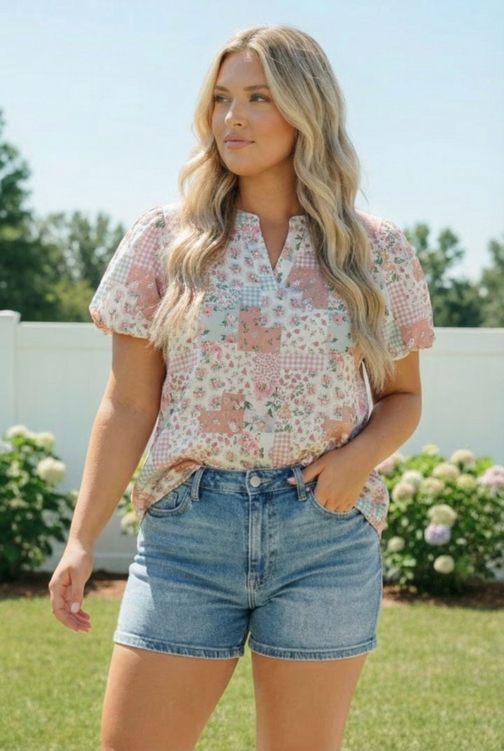 Patchwork Floral Puff Sleeve Top    Joy & Country
