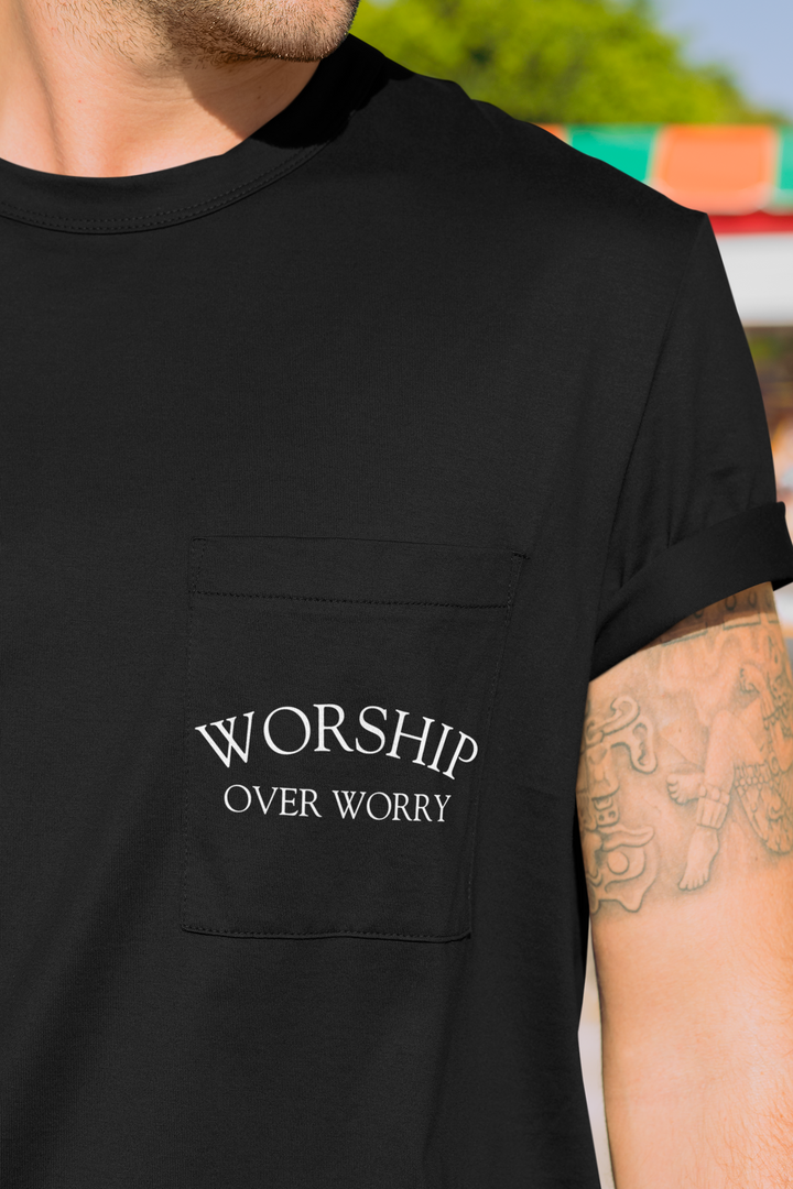 Worship Over Worry - Unisex Pocket Crew-Neck Tee   T-Shirt Joy & Country