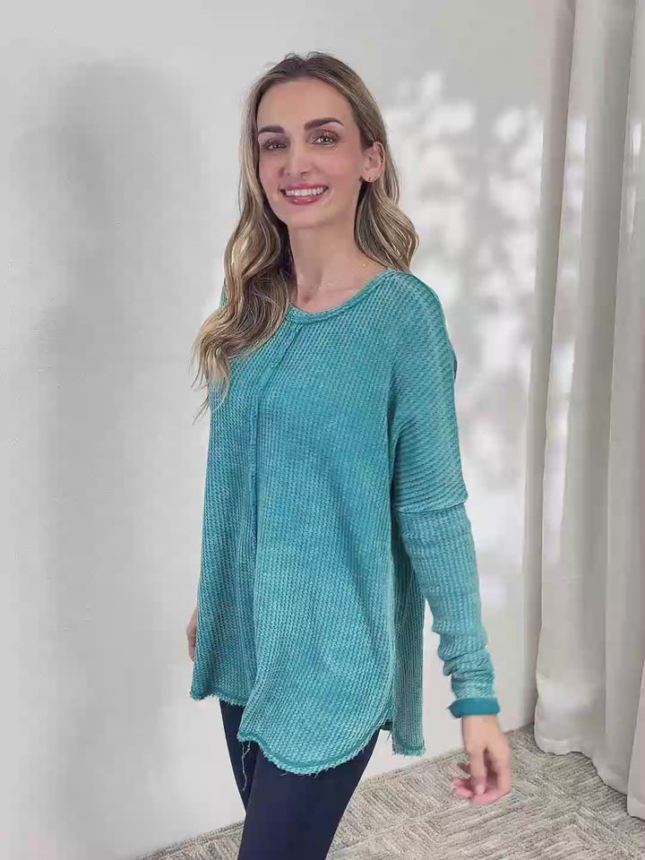 Chic Lounging - Oversized Waffle-Knit Cotton Top - Teal