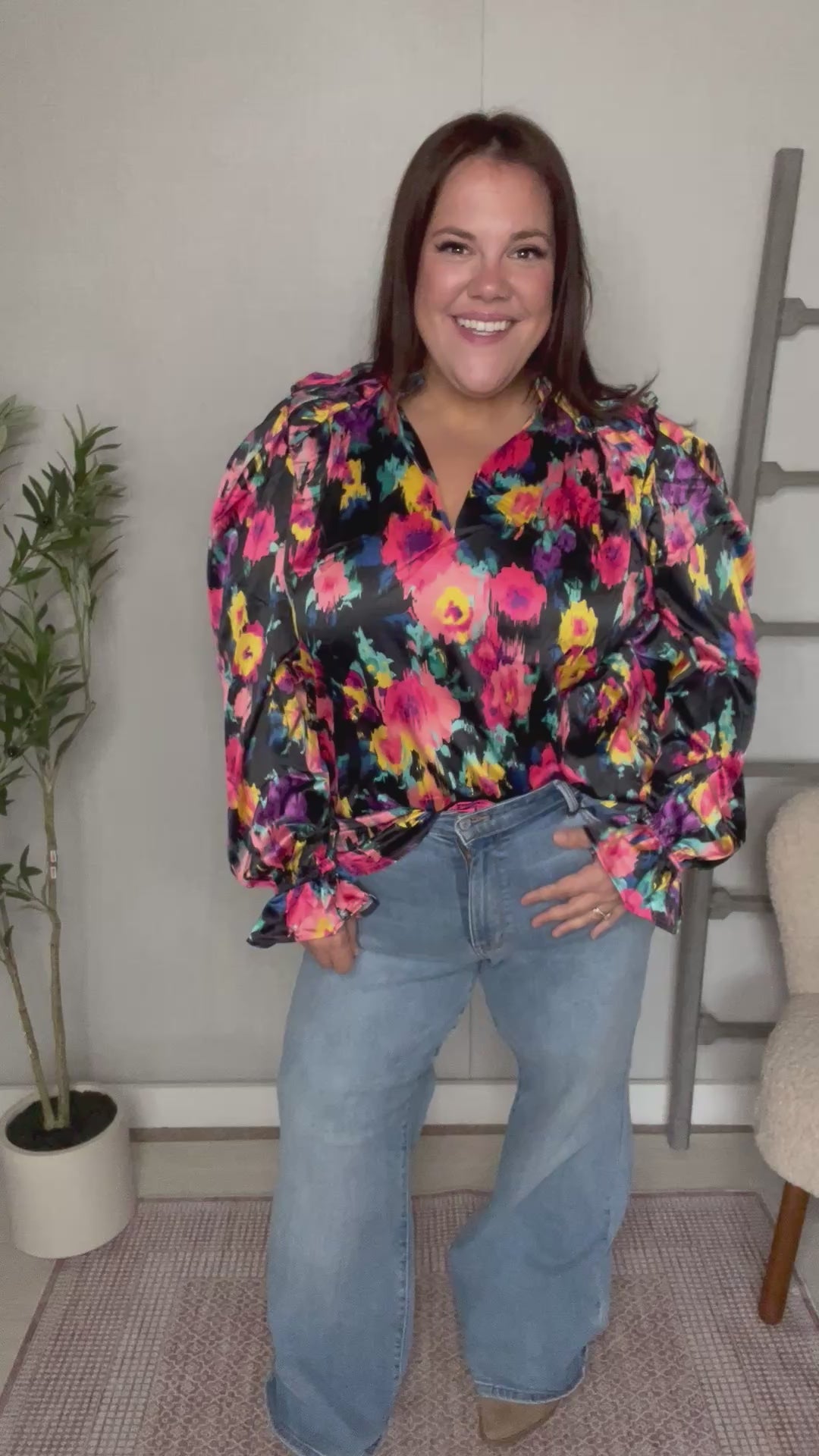 Floral Flare Bubble Sleeve Woven Blouse