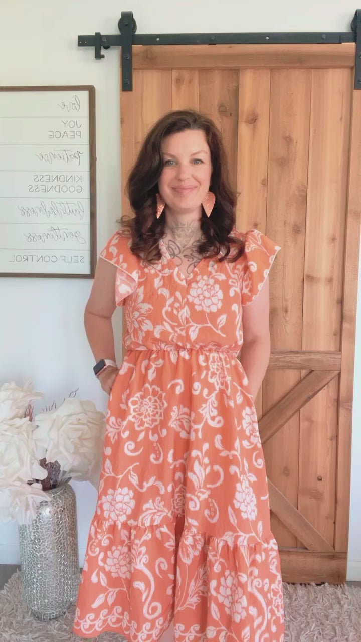 Sunset Peach Flutter-Sleeve Dress