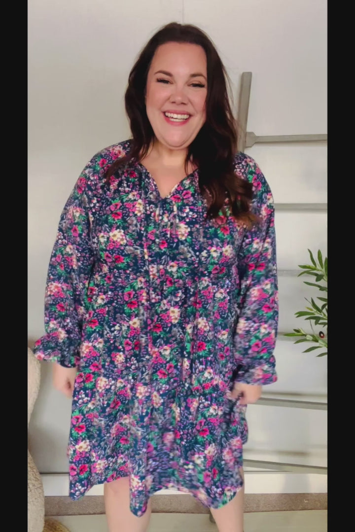 Garden Stroll - Bow-Tie Babydoll Dress - Navy