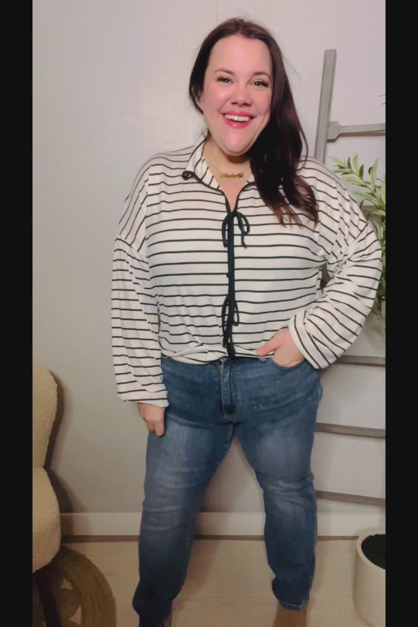 Joy-Filled Striped Bow-Tie French Terry Top - Black & White