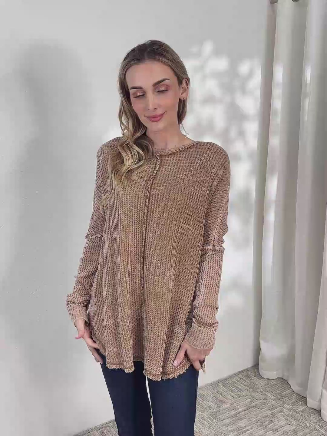 Chic Lounging - Oversized Washed Waffle-Knit Cotton Top - Camel