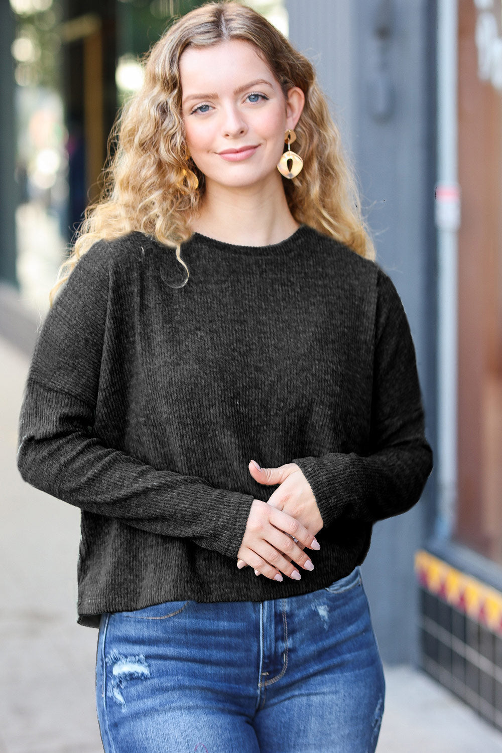 PLUS Stay Awhile Black Ribbed Dolman Cropped Sweater    Joy & Country