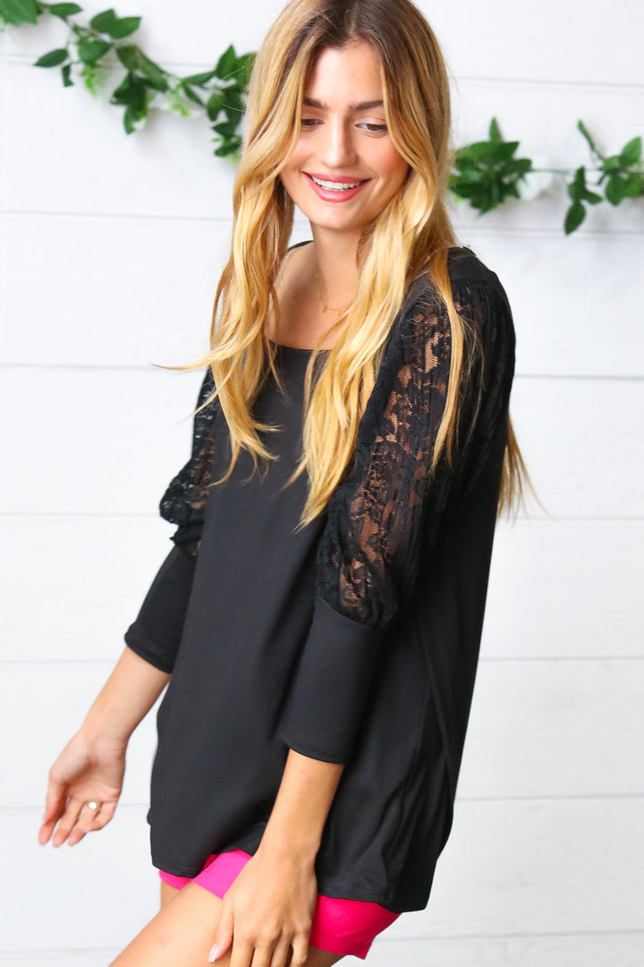 In The Zone Black Lace Bubble Sleeve Top