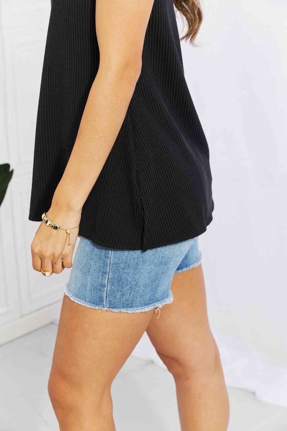 One And Only Ribbed V-Neck Top - Black