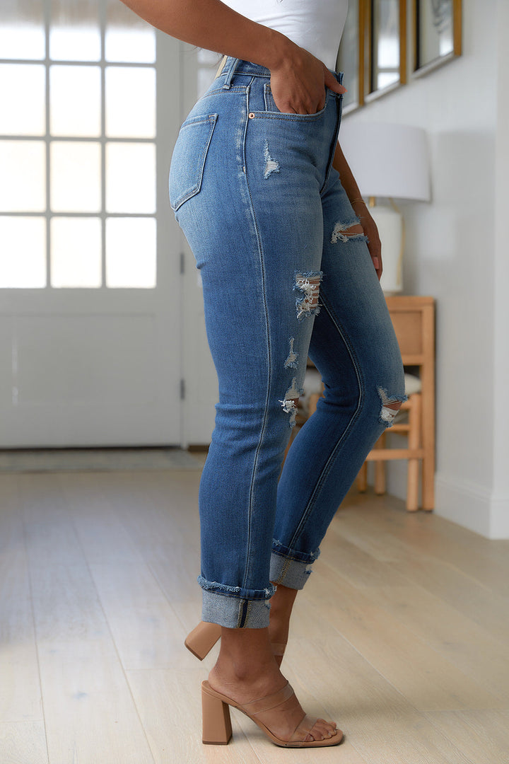 High-Rise Distressed Straight Jeans