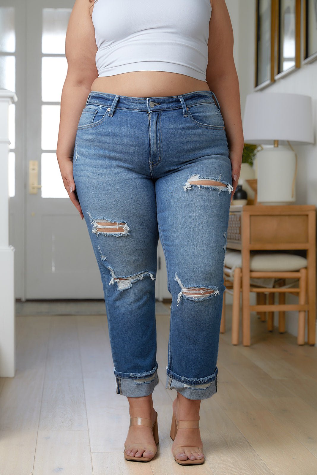 High-Rise Distressed Straight Jeans