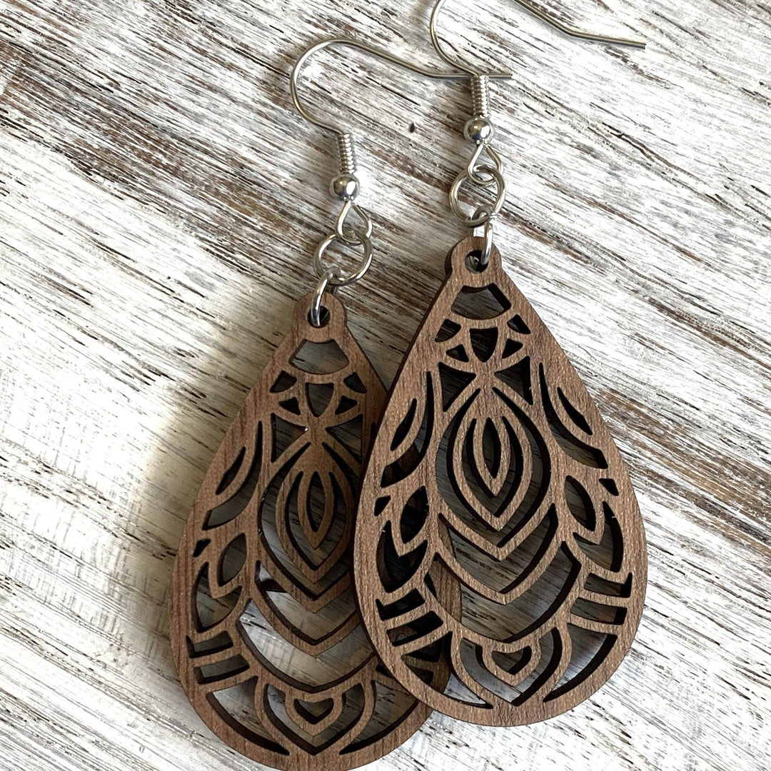 Under His Feathers - Laser Engraved USA Hand-Made Earrings (Walnut Wood) - Joy & Country