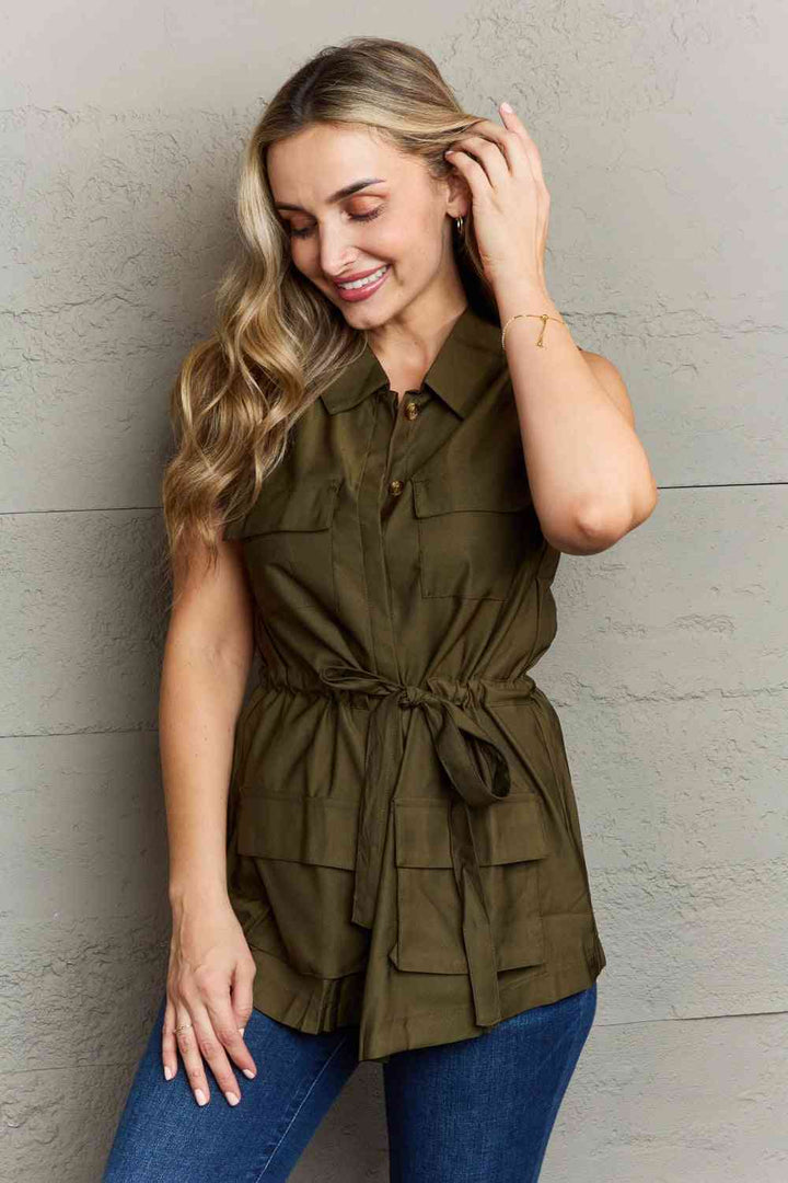 Natural Born Leader - Collared Button-Down Top - Army Green