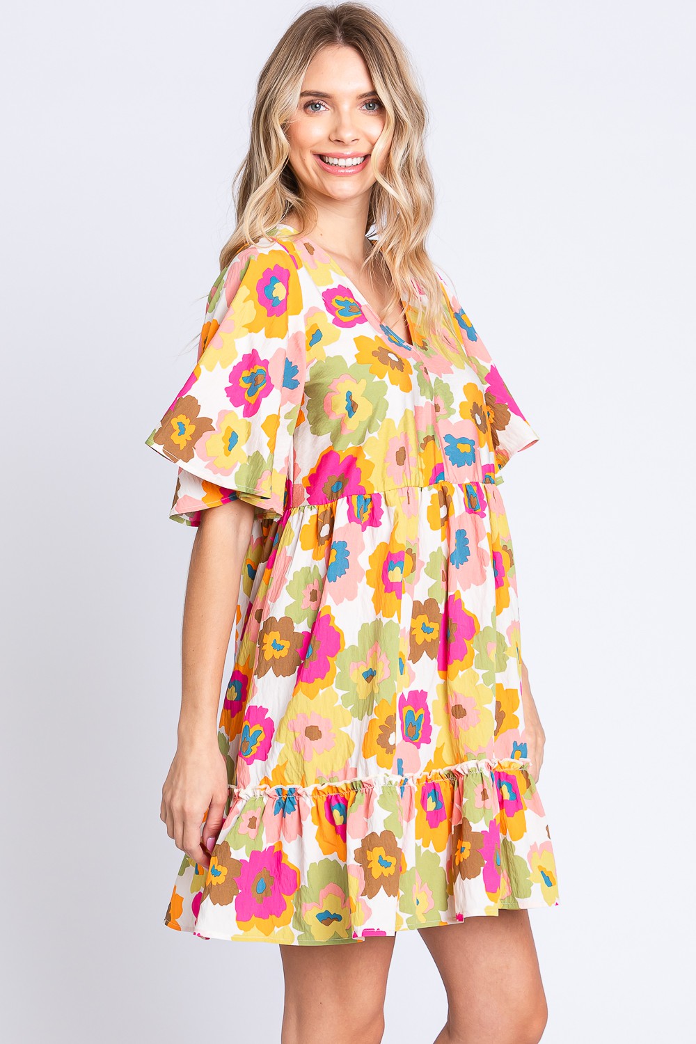Loved And Adored - Floral Ruffle-Trim Dress