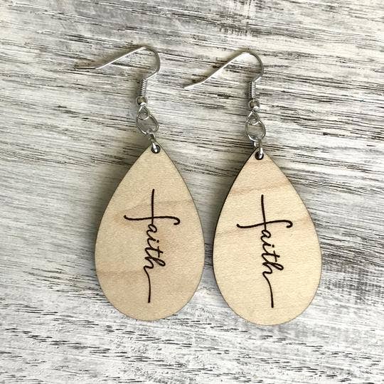 Faith with Cross - Laser Engraved USA Hand-Made Maple Wood Earrings - Joy & Country