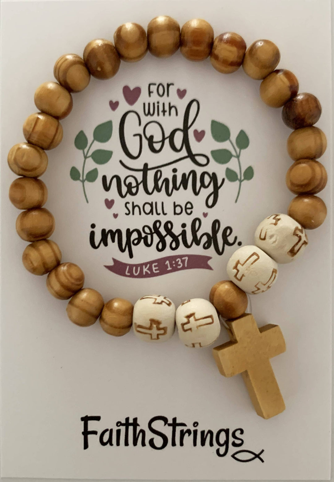 With God, Nothing Shall Be Impossible - Wood Cross Beaded Stretchy Bracelet