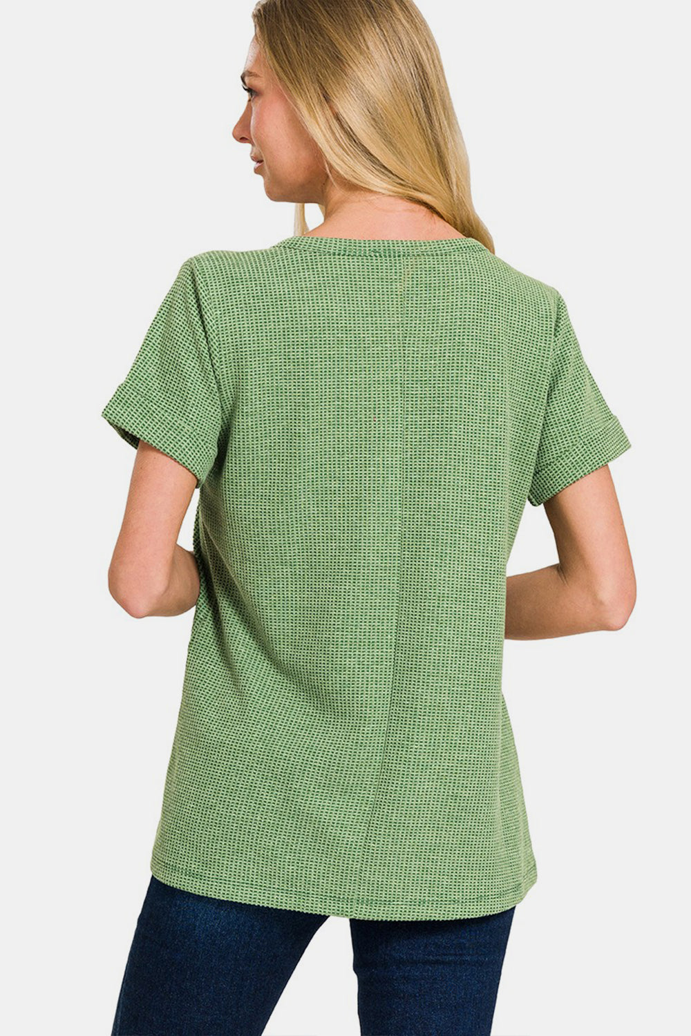 Calm & Cool Notched Waffle-Knit Top - Green