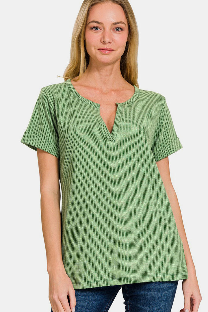 Calm & Cool Notched Waffle-Knit Top - Green