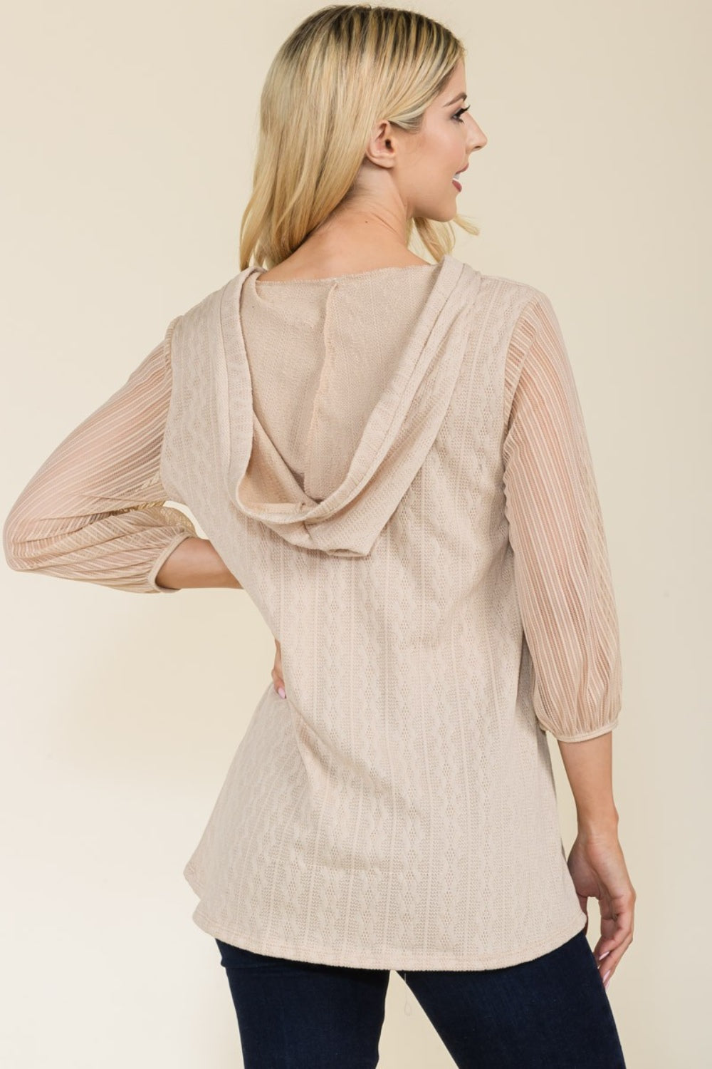 Modern Twist - Mesh-Sleeve Textured Hooded Top