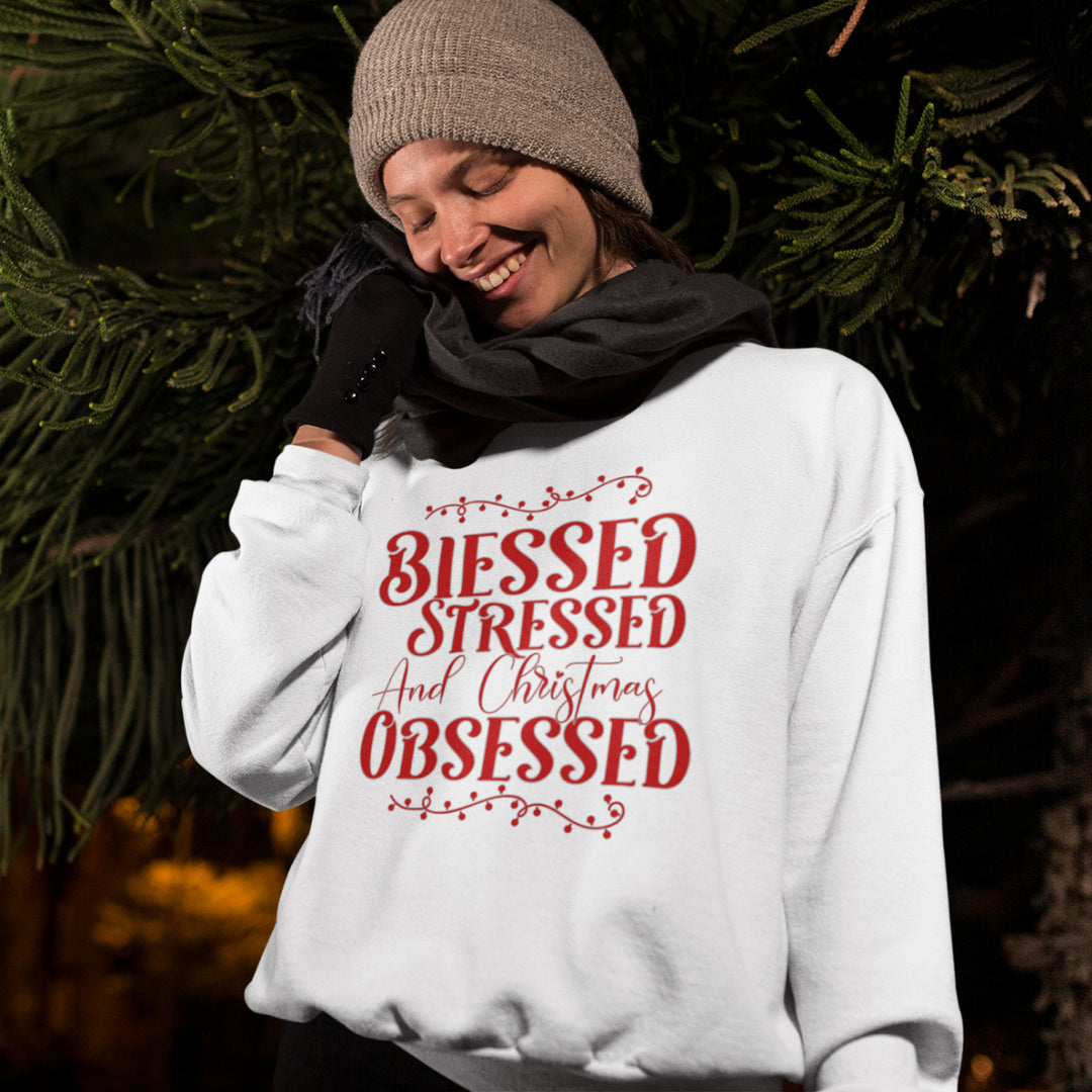 Blessed, Stressed, and Christmas Obsessed - Unisex Crew-Neck Sweatshirt - Joy & Country