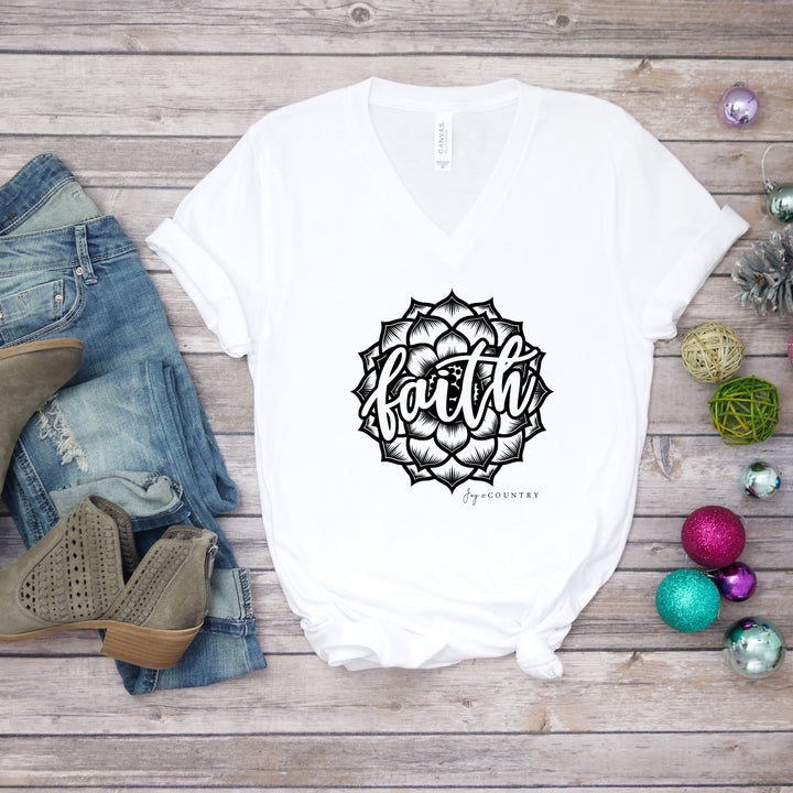 Faith with Flower - Unisex V-Neck Tee - Joy & Country