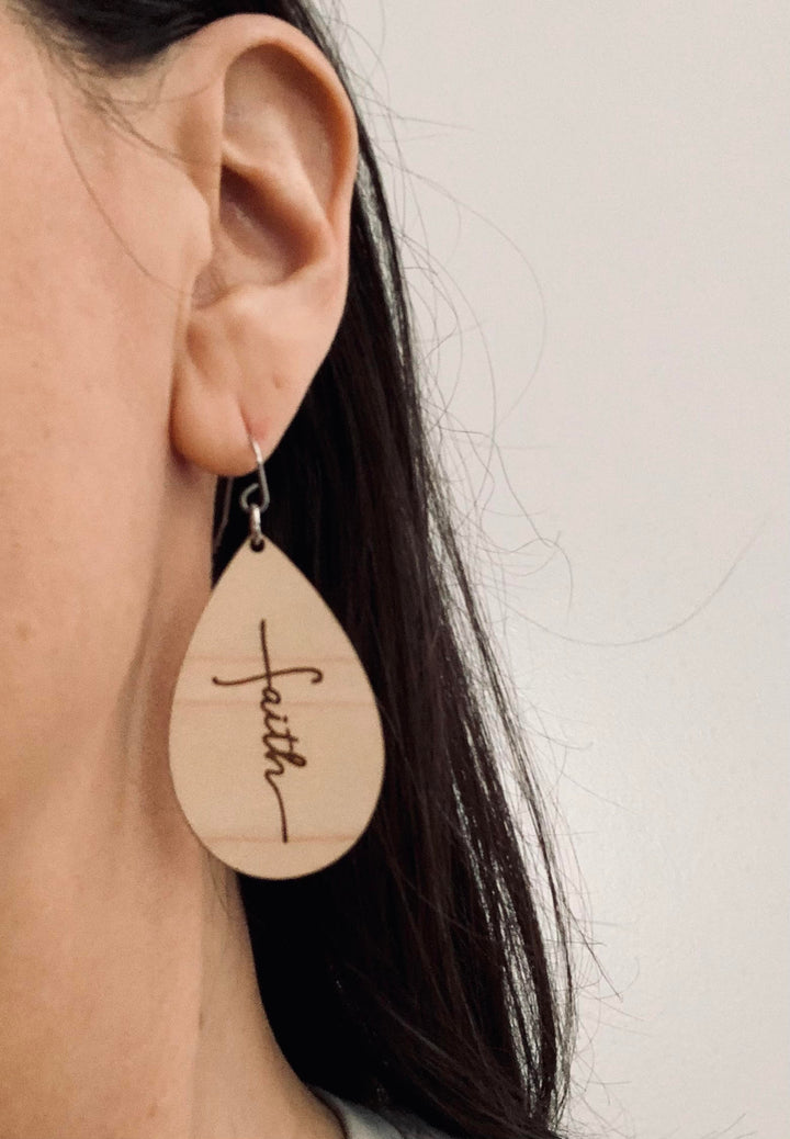Faith with Cross - Laser Engraved USA Hand-Made Maple Wood Earrings - Joy & Country