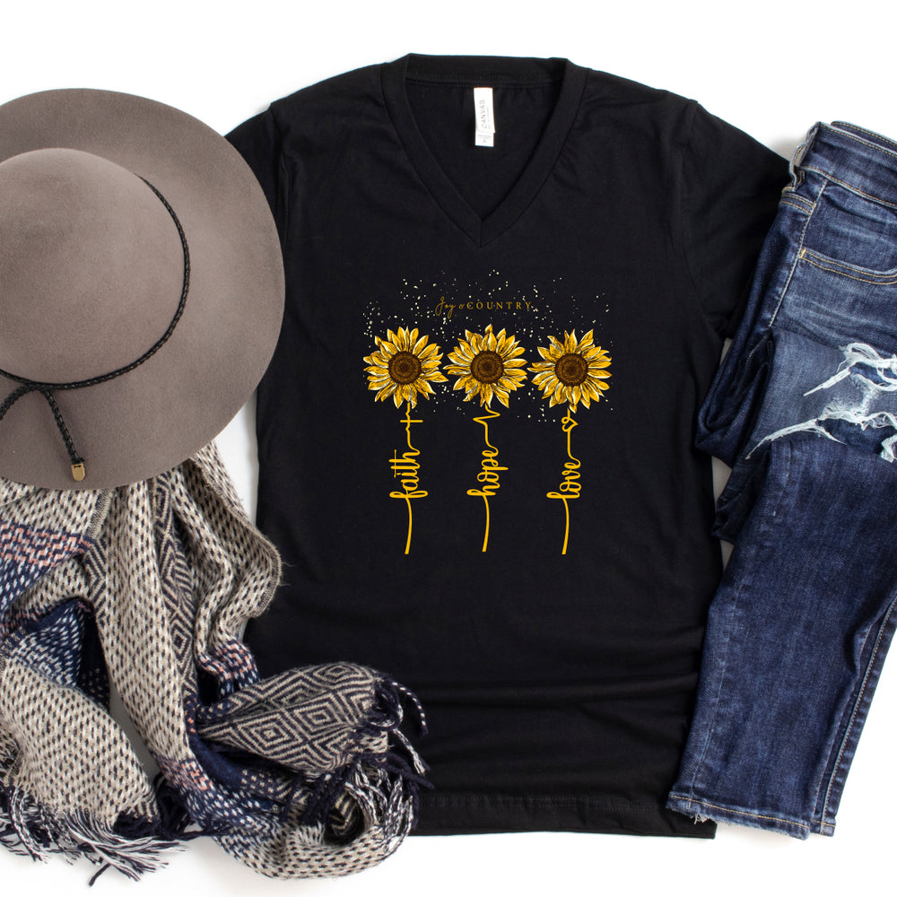 Faith, Hope & Love Sunflowers - Unisex V-Neck Tee - Joy & Country